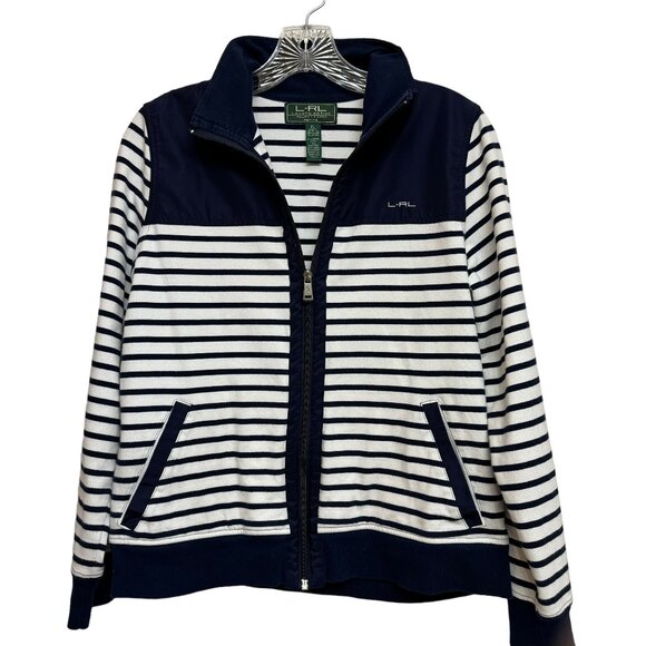 L-RL Lauren Active Ralph Lauren Navy and White Zip‎ Up Sweater Jacket Size LP - Picture 1 of 15